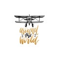 Around The World hand lettering poster. Vector travel label template with hand drawn airplane illustration. Royalty Free Stock Photo