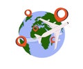 Around the world travelling by plane, airplane trip in various country, travel pin location on a global map. Web Vector