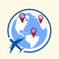 Around the world travelling by plane concept, travel pin location on a global map. Flat design Vector Royalty Free Stock Photo