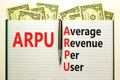 ARPU average revenue per user symbol. Concept words ARPU average revenue per user on white note on beautiful white background.