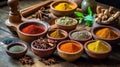 Arrangament of fragrant spices in ceramic bowls