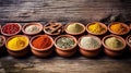 Arrangament of fragrant spices in ceramic bowls