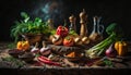 arranged background with spices vegetables