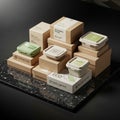 On a black speckled surface are eco friendly packaging boxes and Royalty Free Stock Photo