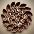 Opened walnut shells create a detailed symmetrical design on a Royalty Free Stock Photo