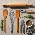 Arranged collection of kitchen utensils on a beige textured tableclot Royalty Free Stock Photo