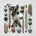 Arranged collection of natural objects on sand includes driftwood Royalty Free Stock Photo