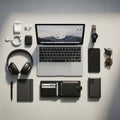 Arranged collection of tech accessories and personal items on a Royalty Free Stock Photo