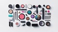 Arranged collection of various cosmetics products, featuring vibrant eyeshadows, lipsticks, and makeup tools neatly displayed on a