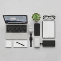 Arranged flat lay of tech gadgets and accessories on a light Royalty Free Stock Photo