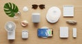 Arranged flat lay on a wooden surface features tech gadgets and Royalty Free Stock Photo
