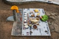 Arranged food being sacrificial offering to Thai guardian spirit