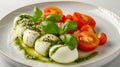 Arranged italian caprese salad in restaurant. Fresh mozarella, sliced tomatoes,