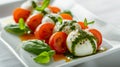 Arranged italian caprese salad in restaurant. Fresh mozarella, sliced tomatoes, basil leaf, olive oil