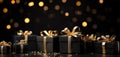 Arranged present gifts boxes wrapped in black paper with gold ribbon on black background