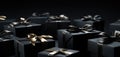 Arranged present gifts boxes wrapped in black paper with gold ribbon on black background