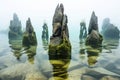arranged rocks forming underwater sacrificial altar surrounded by seaweed