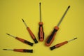 Arranged handy tools on a yellow background Royalty Free Stock Photo