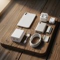 Arranged set of electronic devices and accessories on a wooden surface Royalty Free Stock Photo
