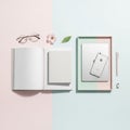 Eyeglasses, an open book, and a closed notebook. Nearby is a Royalty Free Stock Photo