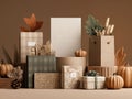 Arranged still life on flat surface, central wrapped box with muted patterned paper, white book, multiple gift boxes and bags Royalty Free Stock Photo