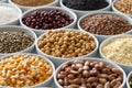 Arranged white bowls with uncooked pulses, grains and seeds on w