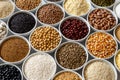 Arranged white bowls with uncooked pulses, grains and seeds on w Royalty Free Stock Photo