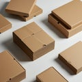 Arranged on a white surface are multiple flat, rectangular cardboard boxes and stacks Royalty Free Stock Photo