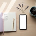 Arranged workspace features an open notebook with handwritten text and a Royalty Free Stock Photo