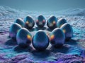 Arrangement of 10 alien eggs in a circle, icy cosmic background, hyperrealistic, cinematic lighting, geometric composition Royalty Free Stock Photo