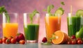 Group of juices with colorful fruits