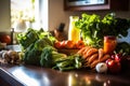 arrangement of budget produce on a kitchen counter, lit by natural sunlight Royalty Free Stock Photo