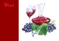 Arrangement with bunch of fresh grapes, corkscrews, decanter and glasses of red wine. Royalty Free Stock Photo