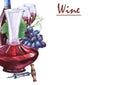 Arrangement with bunch of fresh grapes, corkscrews, decanter and glasses of red wine.