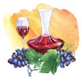 Arrangement with bunch of fresh grapes, corkscrews, decanter and glasses of red wine.