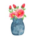 Arrangement of camellia in a vase.Watercolor illustration.Bouquet of wild flowers with leaves.Hand drawing.Simple Royalty Free Stock Photo