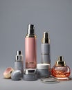 Set of luxury cosmetics bottles and cans over neutral background