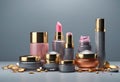 Set of luxury cosmetics bottles and cans over neutral background