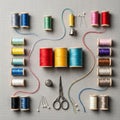 An arrangement of colored thread spools and sewing tools on a gray Royalty Free Stock Photo