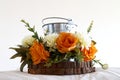 Arrangement of Colorful Silk Faux Flowers with Silver Bucket on White