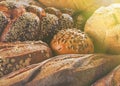 Arrangement of different breads at the bakery.