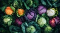 An arrangement of different cabbage varieties, including red and green Royalty Free Stock Photo