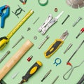 Arrangement of disc from circular saw, hammer, meter, stainless multi pliers. scalpel, tool kits, screwdrivers, and other tools