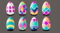 an arrangement of Easter eggs of various colors and pictures on a plain background