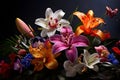 An arrangement of exotic flowers of orchids and lilies with vibrant colors on a dark backdrop