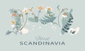 Arrangement flowers, birds and butterfly in Scandinavian style on white background