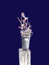 Arrangement of a flowers in a tall vase. Branches of cotton buds and red berries. Ikebana isolated on dark blue background.