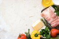 Flat lay with fresh organic ingredients for Italian cuisine. Copy past Royalty Free Stock Photo