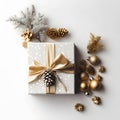 An arrangement of of gold and silver Christmas decorations Gift box on white background. Flat lay. Copy space. with generative Ai Royalty Free Stock Photo