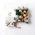 An arrangement of of gold and silver Christmas decorations Gift box on white background. Flat lay. Copy space. with generative Ai Royalty Free Stock Photo